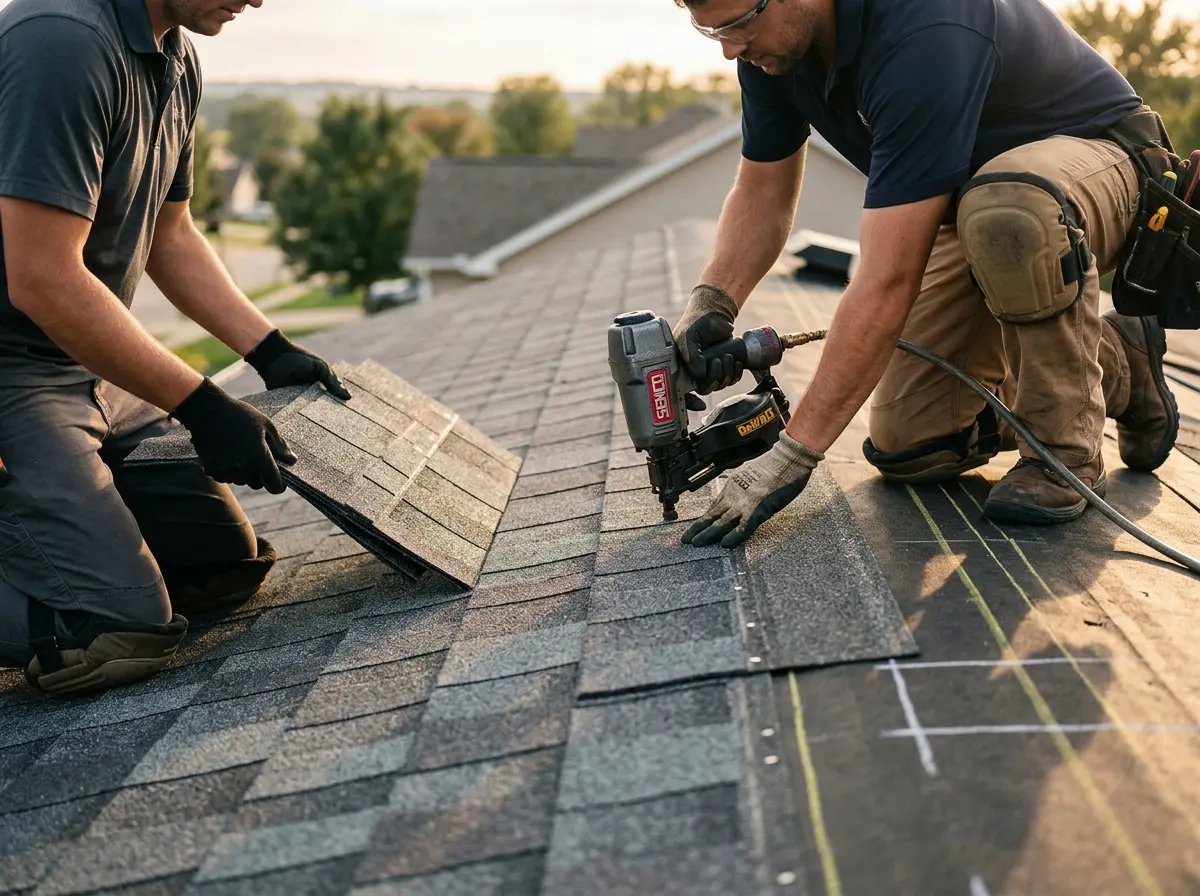 Professional roofer working on a residential roof in Summit Park